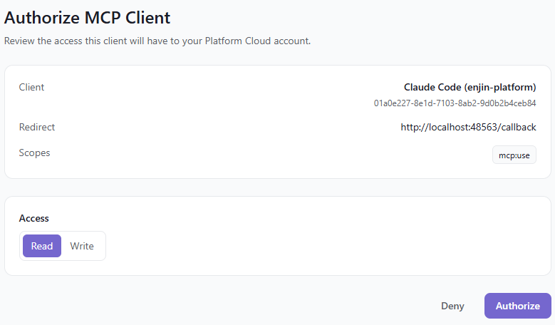 Authorize MCP Client page on the Enjin Platform