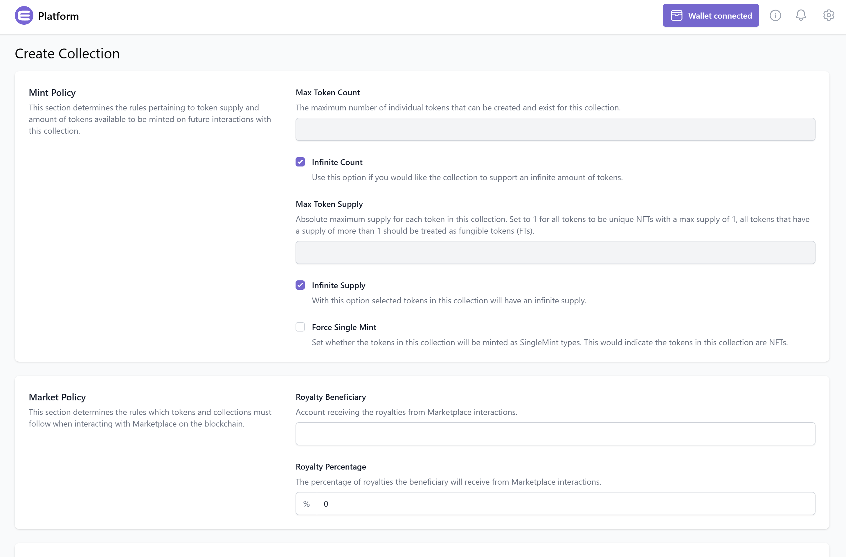 Create collection form on Enjin Platform
