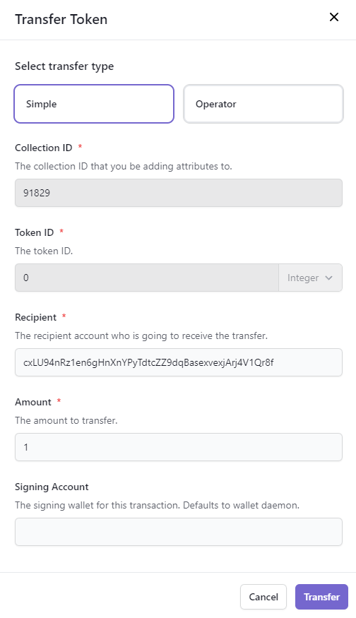Transfer Token Form