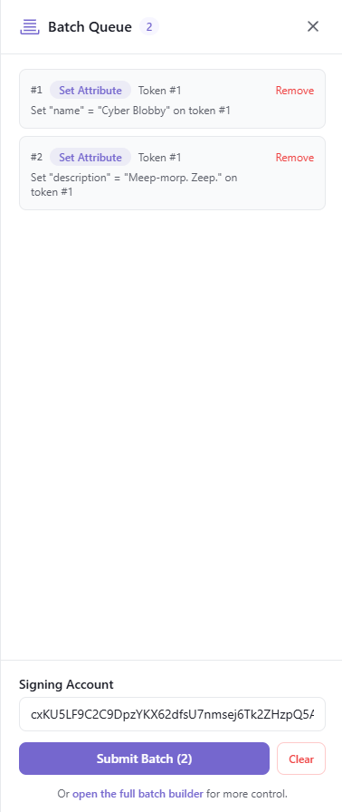 Batch Queue panel with two queued actions and the Submit Batch button