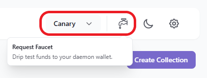 Network selector switched to Canary, with the Faucet icon next to it