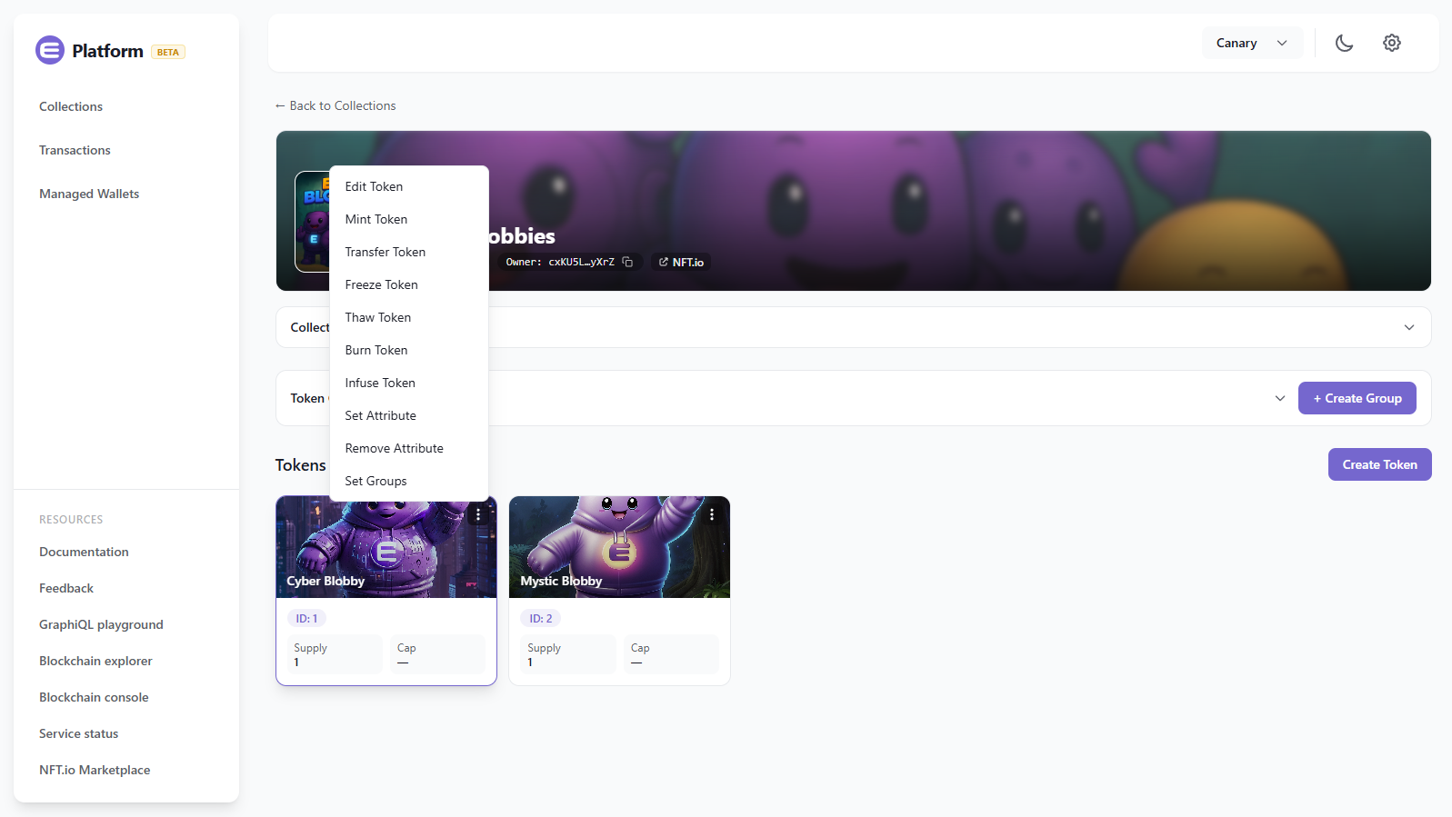 Collection page with the per-token actions menu open