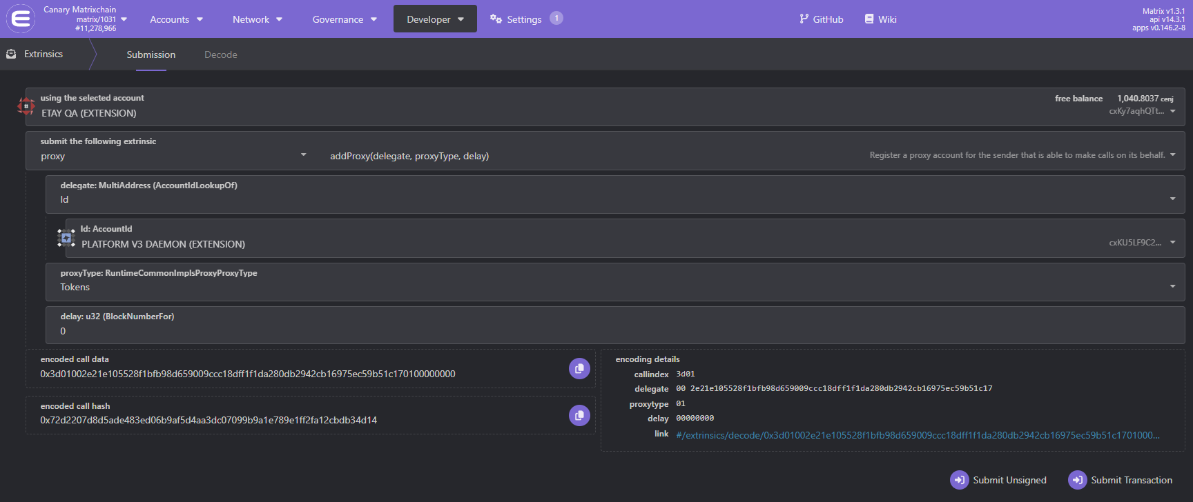 The Extrinsics submission form with proxy.addProxy selected, the delegate set to the Wallet Daemon, proxyType set to Tokens, and delay 0
