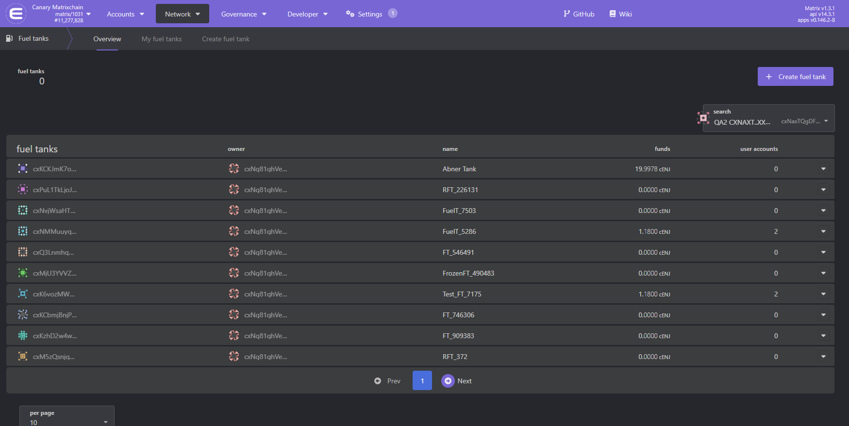 The Fuel tanks overview page with the Create fuel tank button