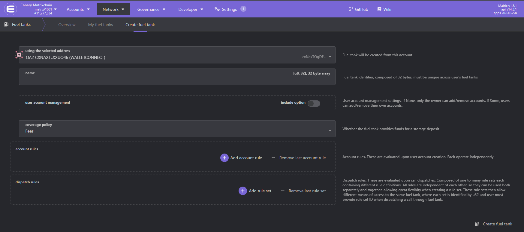 The Create fuel tank form, showing the name, user account management, coverage policy, account rules, and dispatch rules fields