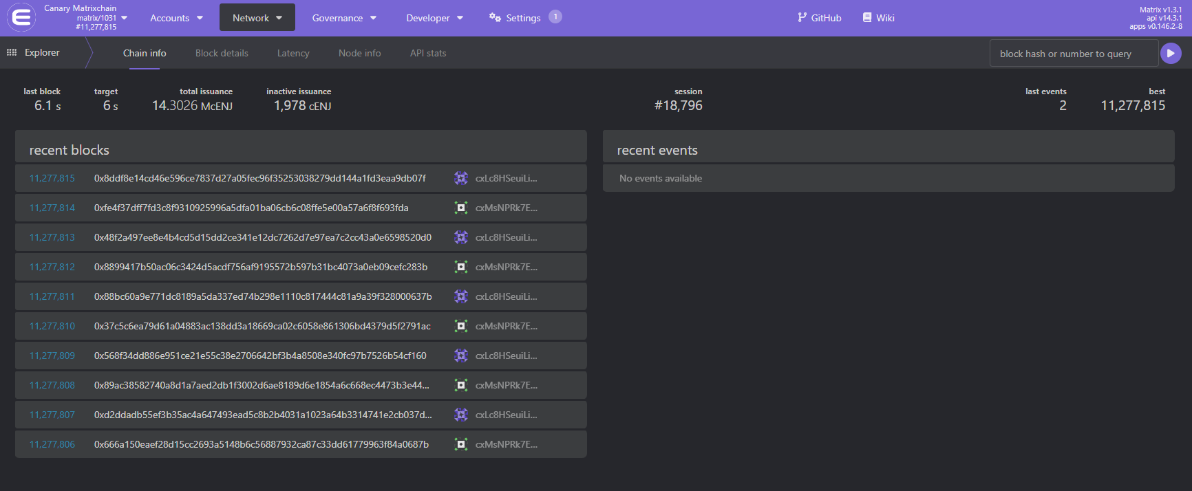 The network and chain selector in the top-left of the Enjin Blockchain Console