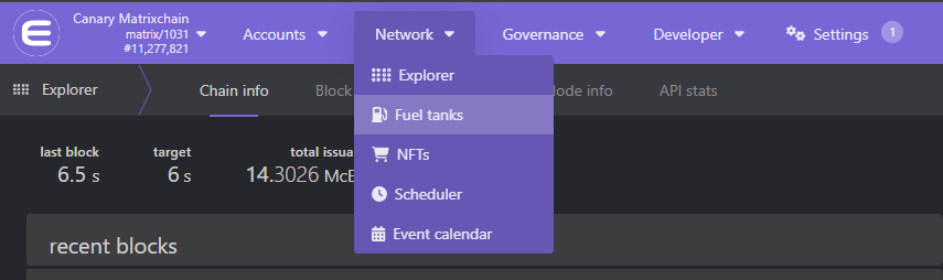 The Network menu open, with Fuel tanks highlighted
