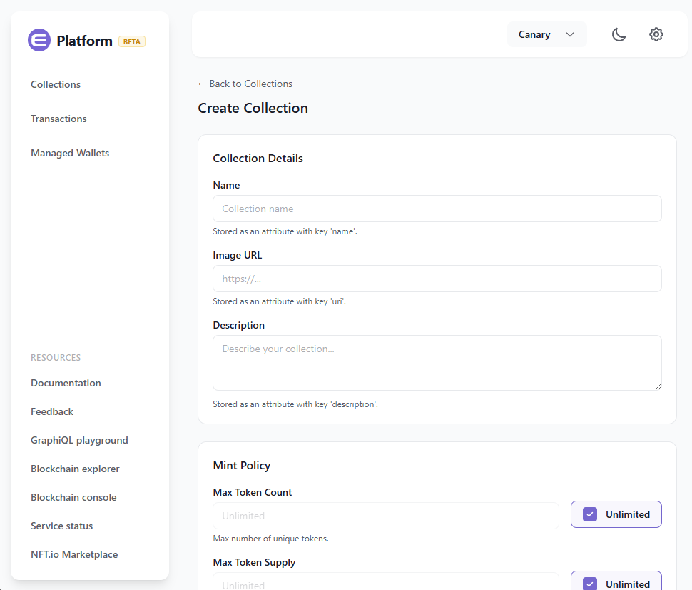 Create collection form on Enjin Platform