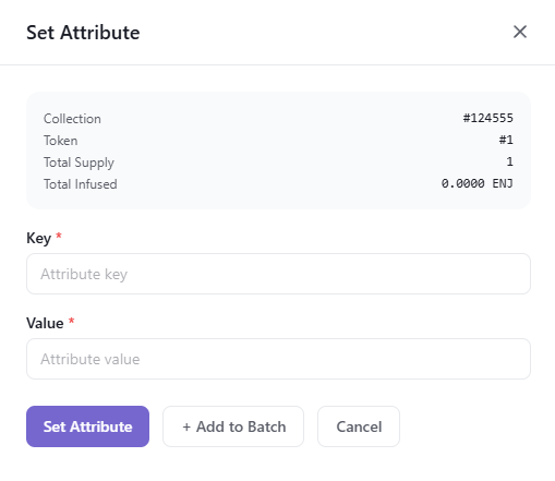 Set Attribute form showing the Set Attribute, + Add to Batch, and Cancel buttons