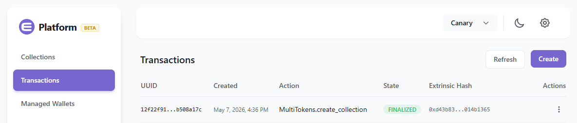 Transactions page showing a finalized create_collection transaction