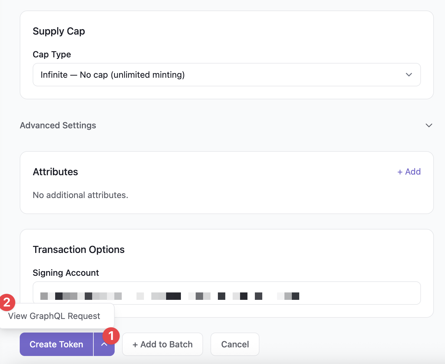 The Create Token button with its dropdown open, showing the View GraphQL Request option
