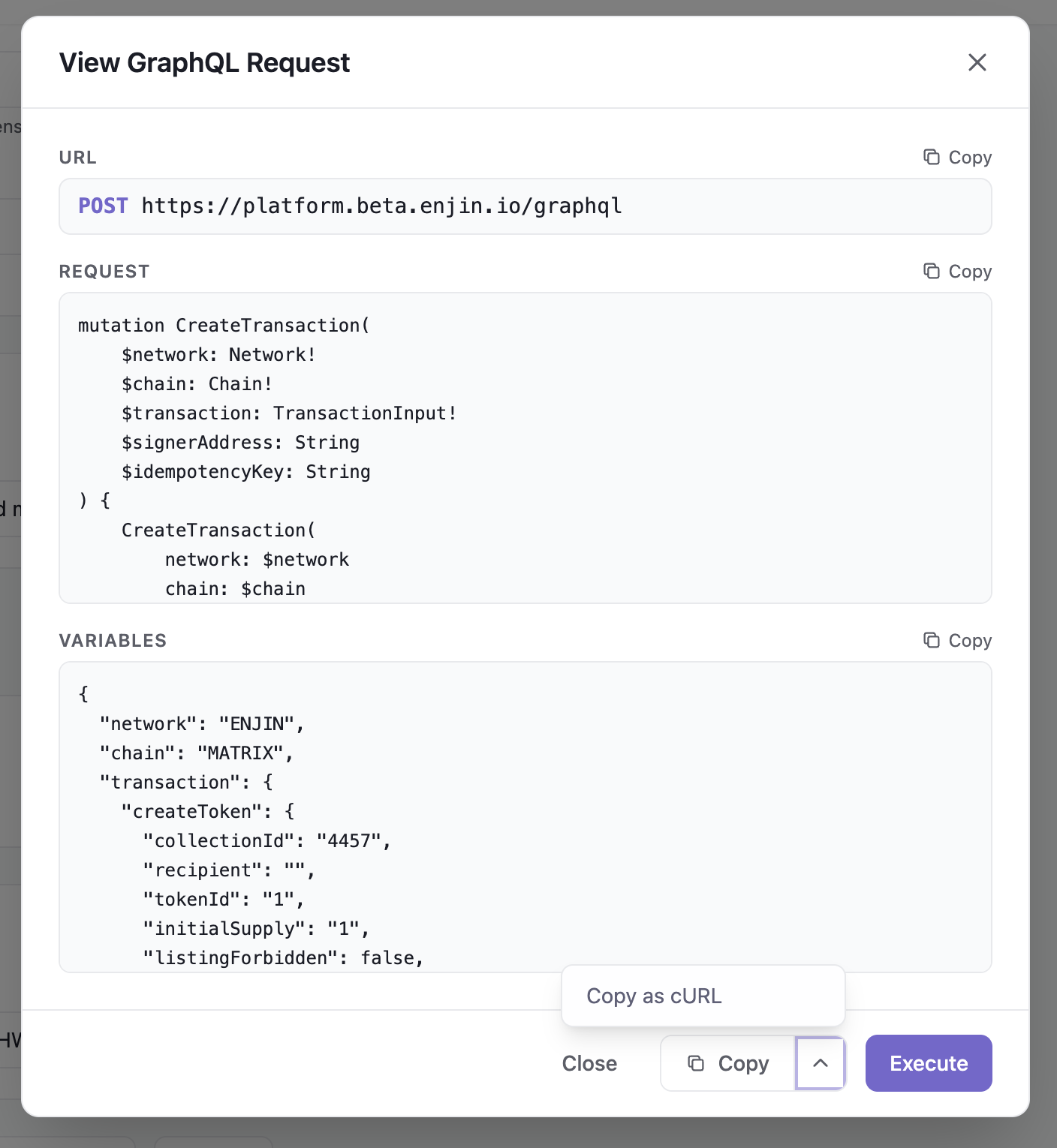 The View GraphQL Request popup showing the URL, the mutation, and its variables